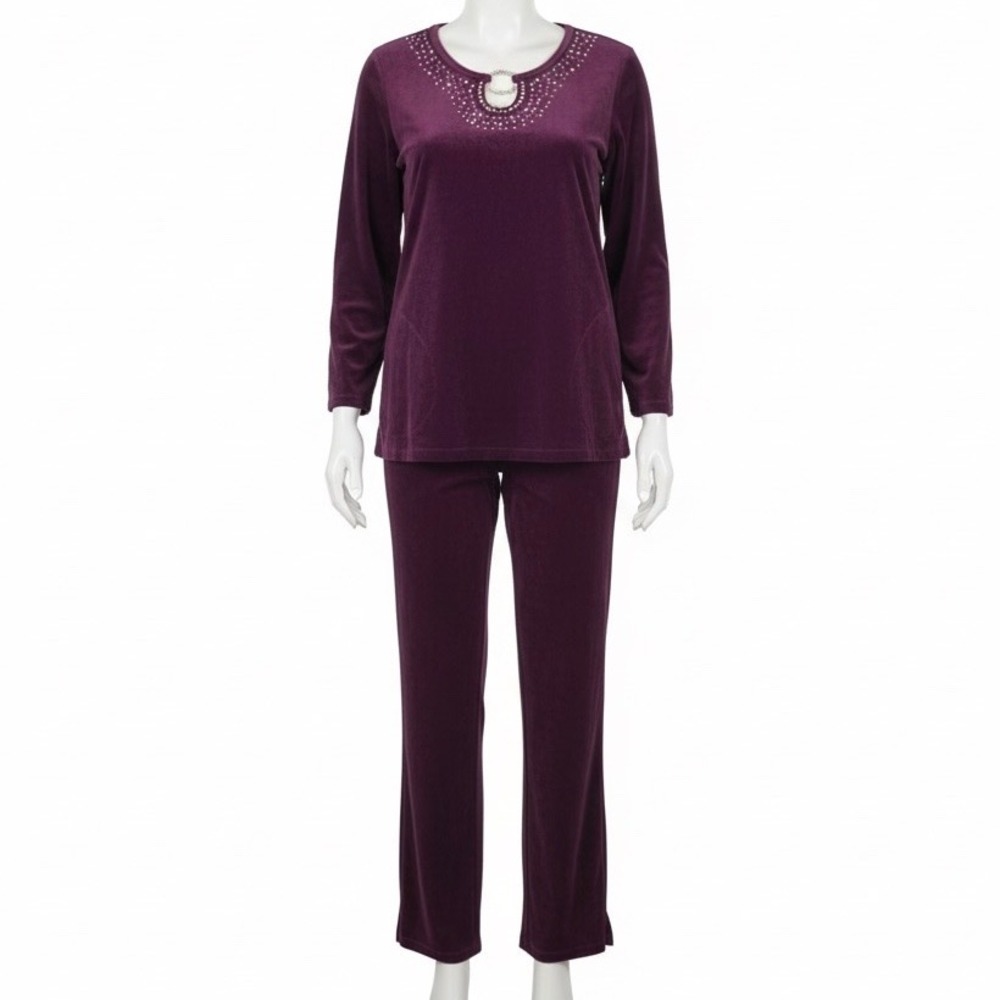 Quacker Factory Velour Lounge Set‎ M Purple Purple Embellished Top Pants Casual